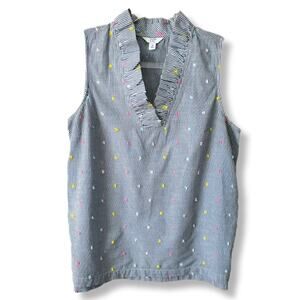 Crown Ivy Women Ruffle Slvless Blue White Stripe Shirt Top M Boho Casual Preppy